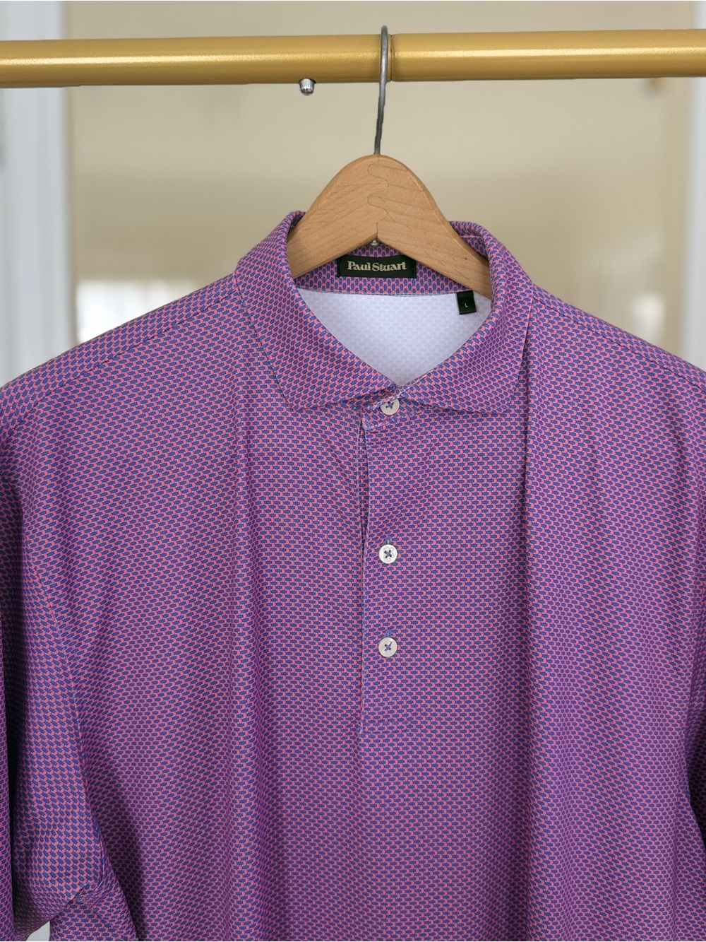 Men’s Paul Stuart Pink and Blue Micro-Check Performance Dress Shirt L